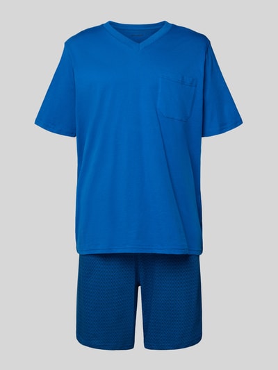 Produktfoto, Relaxed Fit Pyjama Set im kortärmeliges Design Modell 'Comfort' van Schiesser, heren pyjama van puur katoen met borstzak, V-hals en korte broek met elastische band, effen blauw, zachte textuur.