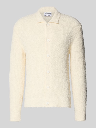 Produktfoto, Strickjacke mit Knopfleiste von JAKE*S STUDIO MEN in Creme mit Kentkragen, Regular-Fit, gerippte Abschlüsse, texturierte Oberfläche