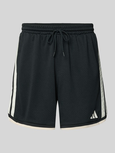 Produktfoto, Shorts mit elastischem Bund und Kordelzug von adidas Sportswear, luźny krój, czarny z białym logo i paskami, Szerokość w rozmiarze M: 39 cm, długość nogawki wewnętrznej: 16 cm