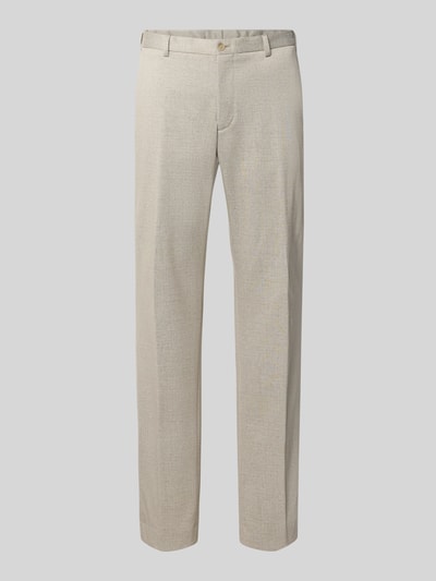 Produktfoto, Straight Fit Stoffhose mit Viskose-Anteil von HECHTER PARIS in Beige, elastischer Material-Mix, sichtbare Eingriff- und Gesäßtaschen, Knopf- und Reißverschluss, Bundweite 44 cm, Innenbeinlänge 47 cm, glatte Textur