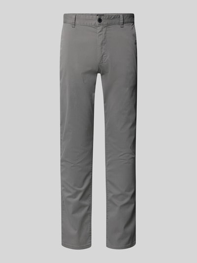 Produktfoto, Slim Fit Chino aus Baumwoll-Mix Modell 'CHINO_SLIM' von BOSS Orange, szary kolor, fakturowany wzór na całej powierzchni, szlufki na pasek, wpuszczane kieszenie, naszywka z logo, zapinane na guzik i ukryty zamek błyskawiczny, mieszanka bawełny.