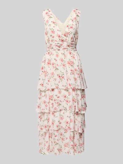 Produktfoto, Cocktailkleid aus Viskose im Stufen-Look von GUIDO MARIA KRETSCHMER WOMAN, cremefarben, rosa Blumenmuster, Midi-Länge, V-Ausschnitt, Taillenband, fließende Stoffstruktur