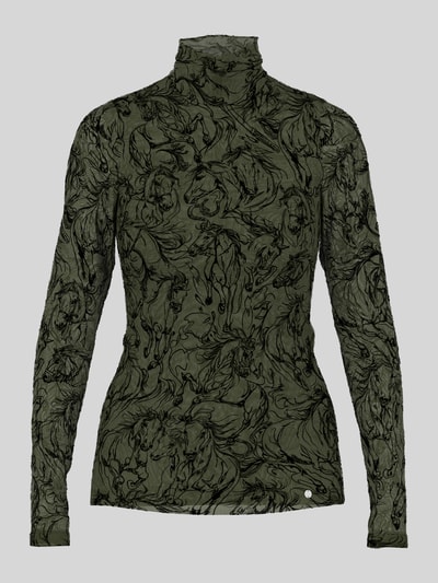 Productfoto, Longsleeve aus Mesh van Marc Cain in olijfgroen met zwarte grafische print, getailleerde fit, colkraag, materiaal mix met viscose, ruglengte maat 36: 60 cm