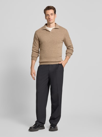 Casual Friday Sweter z dzianiny z mieszanki wełny z kołnierzykiem polo model ‘Karl’ Camel melanż 1