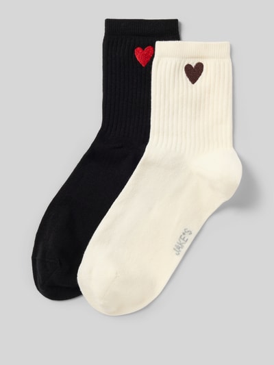 Produktfoto, Socken aus Baumwoll-Mix im 2er-Pack von Jake*s Casual in Schwarz und Creme mit Herzstickerei und gerippter Textur
