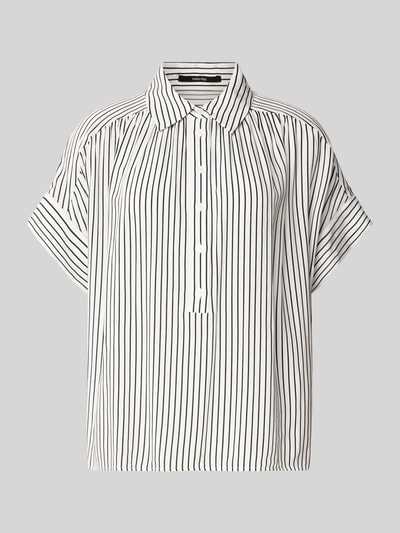 Produktfoto, Relaxed Fit Bluse aus Viskose Modell 'Zafine' von Someday, weiße Damen Bluse mit schwarzen Streifen, Hemdblusenkragen und Knopfleiste, Rückenlänge 63 cm bei Größe 36.
