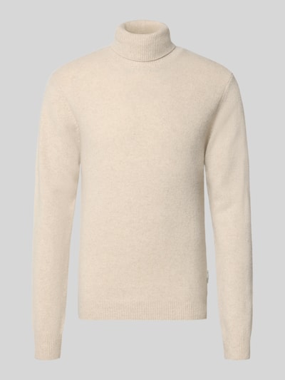 Produktfoto, cremefarbener Slim Fit Rollkragenpullover aus Woll-Mix Modell 'Karl' von Casual Friday, gerippte Abschlüsse, fein strukturierte Oberfläche