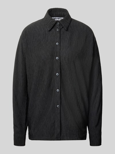 Produktfoto, Relaxed Fit Bluse mit Strukturmuster von REVIEW, schwarzer Material-Mix mit Stretch-Anteil, Hemdblusenkragen, Knopfleiste.