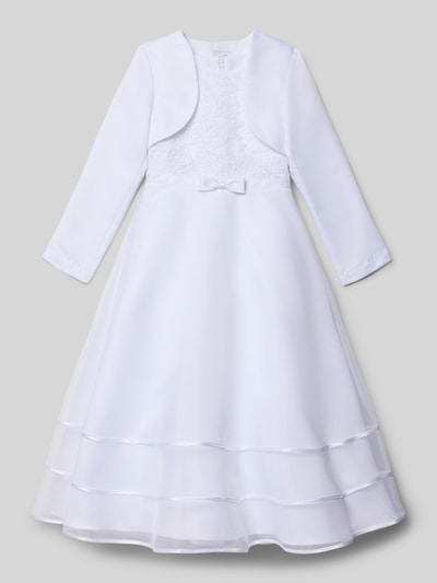 Produktfoto, Kinderjurk in A-lijn van Happy Girls, tailleband met strikapplicatie, laagjeslook, ronde hals, ritssluiting achter, ruglengte maat 134 102 cm, mouwlengte maat 134 48 cm, model: 'Kleid im Stufen-Look mit Schleifen-Applikation'.