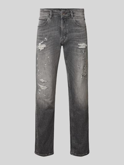 Produktfoto, Straight Leg Jeans im Used-Look Modell 'Grover' von Replay, grauer Baumwoll-Mix mit Stretch, 5-Pocket-Design, leichte Destroyed-Details, Knopf- und Reißverschluss, sichtbare Abnutzungsspuren, klassische Passform, für Herren