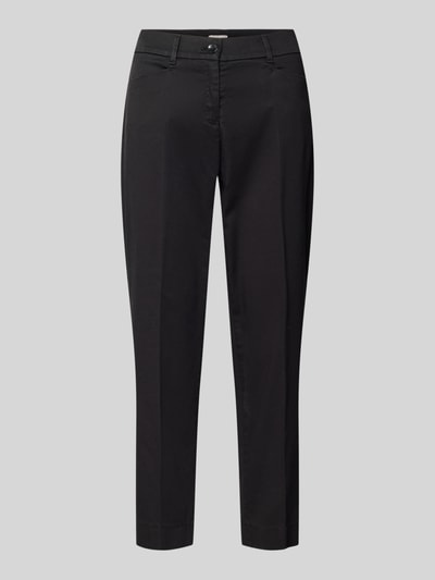 Produktfoto, czarne spodnie damskie Straight Fit Stoffhose mit Lyocell-Anteil Modell 'Mara' od Brax, elastyczna mieszanka bawełny z lyocellem, krój straight fit, kanty, skrócony fason, kieszenie z przodu i z tyłu, zapięcie na guzik i zamek, szerokość w rozmiarze 36: 39 cm, długość wewnętrzna nogawki w rozmiarze 36: 68 cm, gładka tekstura