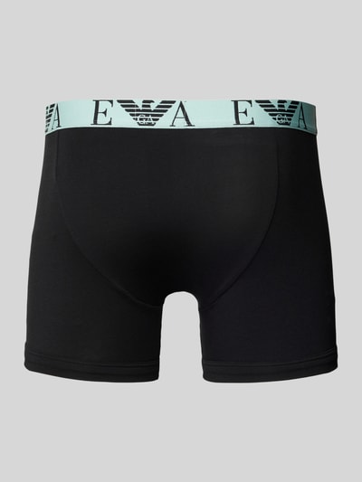 Produktfoto, Boxershorts mit elastischem Logo-Bund im 3er-Pack von Emporio Armani aus Baumwoll-Elasthan-Mix, körpernaher Schnitt, schwarzer Stoff, breiter türkisfarbener Elastischer-Logo-Bund.