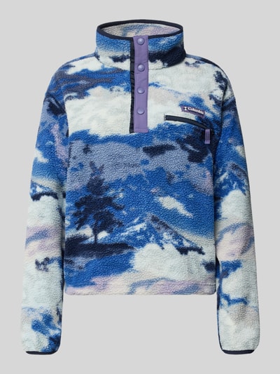 Produktfoto, Regular Fit Pullover mit Logo-Patch Modell 'Helvetia' von Columbia in blauer Fleece-Optik, Knopfleiste, Brusttasche, elastische Abschlüsse