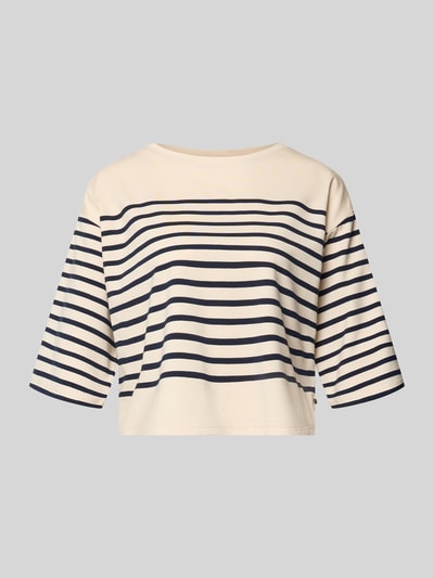Produktfoto, Boxy Fit T-shirt met 3/4-mouw van ROBE LÉGÈRE, katoenmix met modal, ronde hals, beige met donkerblauwe strepen, ruglengte 46 cm bij maat S