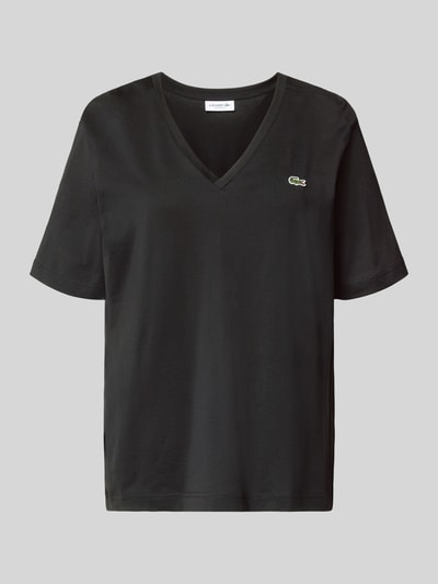 Produktfoto, Relaxed Fit T-Shirt aus reiner Baumwolle von Lacoste, Damen T-Shirt mit Optik: Unifarben, Logo-Stitching, V-Ausschnitt, reine Baumwolle