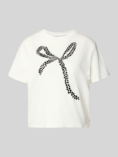 Produktfoto, Oversized T-Shirt aus reiner Baumwolle van Tom Tailor Denim in effen wit met zwarte zachte print, ronde hals, korte mouwen