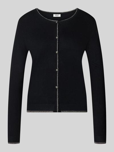 Produktfoto, Slim Fit Cardigan aus Viskose-Mix Modell 'MAGLIA APERTA' von Liu Jo White, czarny, metaliczne detale, listwa guzikowa, mieszanka wiskozy, krój slim fit, długość tyłu w rozmiarze S: 53 cm, długość rękawów w rozmiarze S: 61 cm