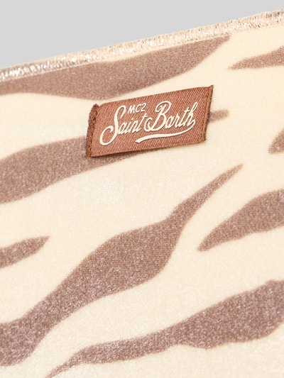 Produktfoto, cremefarbene und braune Zebra-Streifen, glatte Textur, Logo-Patch, Bikini-Hose mit Logo-Patch Modell 'Virgo' von MC2 Saint Barth