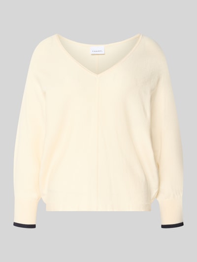 Produktfoto, Strickpullover aus Viskose-Mix mit V-Ausschnitt von comma, kremowy kolor, krój regular fit, rękawy z kontrastowym paskiem, długość tyłu w rozmiarze S: 52 cm, długość rękawa w rozmiarze S: 56 cm