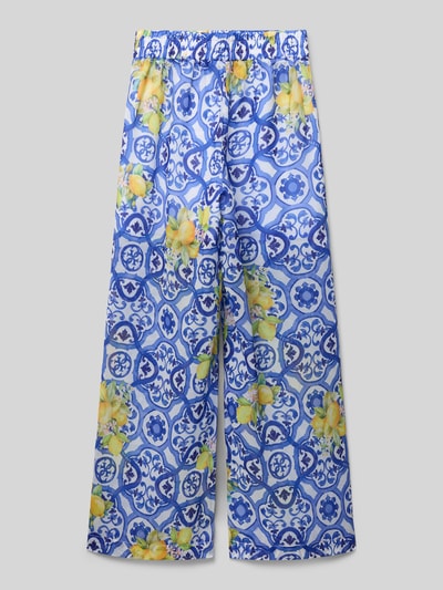 Produktfoto, Wide Fit Stoffhose mit elastischem Bund von Guess, Kinder Stoffhose mit Allover-Motiv-Print, Logo-Print, Bundweite 29 cm, Innenbeinlänge 60 cm, blau-weißes Muster mit gelben Akzenten