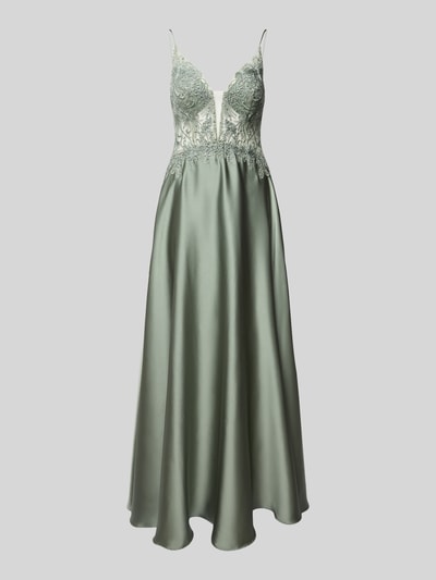 Productfoto, Regular Fit avondjurk met florale stitching van Laona, semi-transparant satijnen ontwerp, siersteentjes, spaghetti bandjes, naadrits.