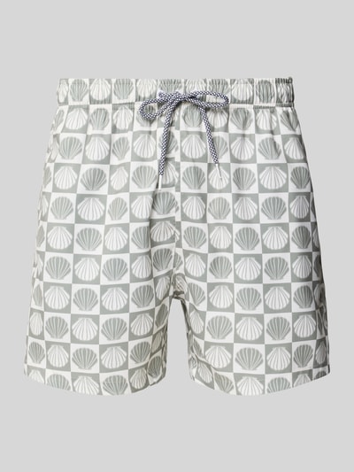 Produktfoto, Badehose im Allover-Look Modell 'Ilfracombe' von BOARDIES, hellgraue und weiße Muster, elastischer Bund, Tunnelzug, glatte Textur