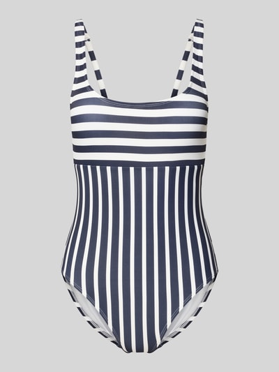 Produktfoto, Badeanzug mit tiefem Rundhalsausschnitt von Michael Kors, pionowe i poziome granatowo-białe paski, materiał z domieszką stretchu, usztywniane miseczki, regulowane ramiączka, detal z logo z tyłu