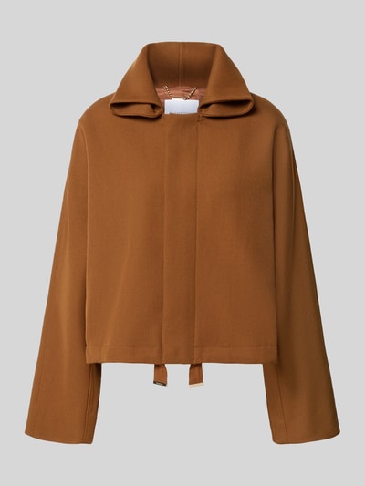 Produktfoto, Relaxed Fit Jacke aus wolmix van Rich & Royal in bruin met platte kraag en doorlopende afdekstrip, dames jack, context: wolmix, relaxed fit, platte kraag, doorlopende afdekstrip, ruglengte maat 36: 57 cm, schouderbreedte maat 36: 46 cm, borstwijdte maat 36: 60 cm, mouwlengte maat 36: 60 cm