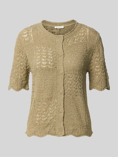 Produktfoto, Regular Fit Strickjacke aus Baumwoll-Mix von Tom Tailor, Optik: Unifarben, Lochstrickmuster, Rundhals, Kurzarm, Strick, beige Textur