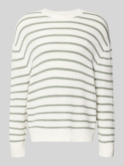 Produktfoto, Strickpullover mit Rundhalsausschnitt von ARMANI EXCHANGE in Weiß mit grünen Streifen, reine Baumwolle, relaxed Fit