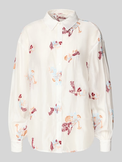 Produktfoto, Regular Fit Bluse mit Stitchings Modell 'Sabine' van MSCH Copenhagen, dames blouse van lyocellmix, overhemdkraag, knoopsluiting, ruglengte maat XS/S 45 cm, mouwlengte 55 cm, crèmekleurig met rode en blauwe details