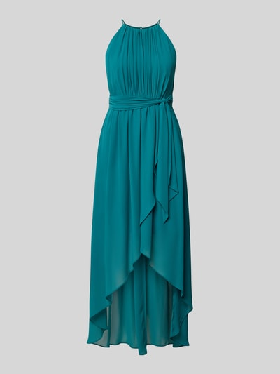 Produktfoto, Maxikleid in Falten-Optik von Jake*s Cocktail, turkusowy kolor, halka pod spódnicę, taliowany krój, odpinana materiałowa tasiemka, krój bez rękawów, długość tyłu w rozmiarze 36: 140 cm, szerokość w rozmiarze 36: 32 cm