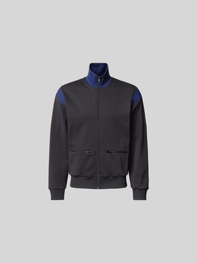 Produktfoto, Regular Fit Sweatjacke mit Stehkragen von Kenzo in Schwarz mit blauen Details, Reißverschluss, Eingrifftaschen, elastische Abschlüsse, Rückenlänge 67 cm, Schulterbreite 51 cm, Ärmellänge 61 cm