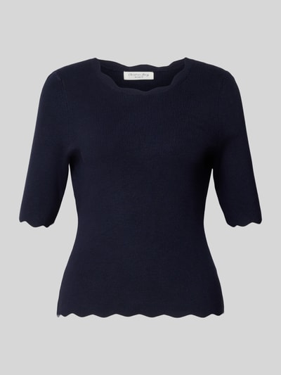 Produktfoto, dunkelblaues Strickshirt aus Viskose-Mix mit Rüschenkragen, Wellensaum und 1/2-Arm, taillierte Passform, Strickshirt aus Viskose-Mix mit Rüschenkragen von Christian Berg Woman.
