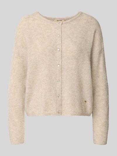 Productfoto, Regular Fit gebreid jack uit Mix van wol en alpaca model 'Almine' van MOS MOSH, doorlopende knoopsluiting, merkembleem, Lange mouw, ruglengte maat S 51 cm, mouwlengte 63 cm, dames, beige tint, zachte textuur