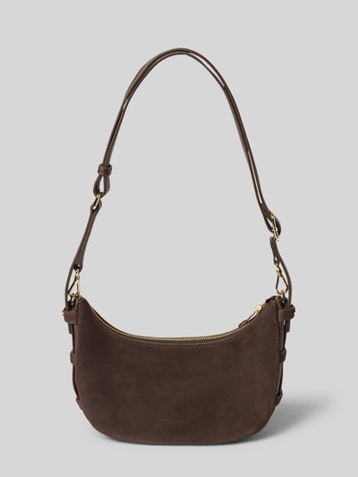Produktfoto, Shoulder Bag aus reinem Kalbsleder Modell 'Lifetime Sister' von Hey Marly in Dunkelbraun, goldfarbener Reißverschluss, strukturierte, matte Oberfläche, abnehmbare Schulterriemen, Maße 26x18x7 cm, Länge Schulterriemen 86 cm