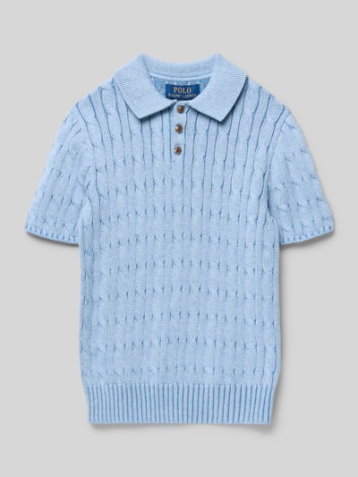 Produktfoto, Regular Fit Poloshirt in Rippstrick-Optik von Polo Ralph Lauren Teens, Optik: Unifarben, Passform: Regular-Fit, Kragenform: Polokragen, Verschluss: 2-Knopf-Verschluss, Ärmelform: Kurzarm, Material: Reine Baumwolle, hellblau, feiner Strick mit gerippter Struktur