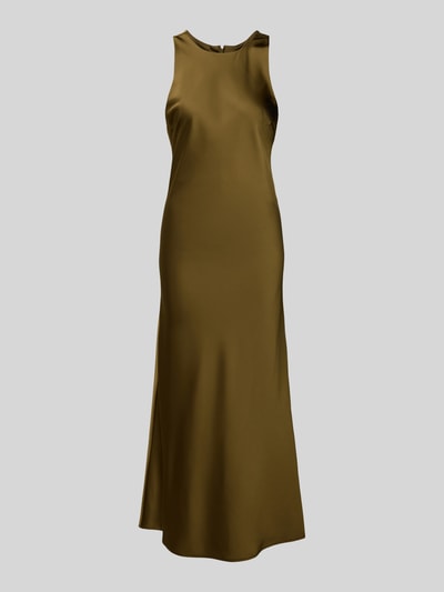 Produktfoto, Maxikleid mit Rundhalsausschnitt Modell 'cerina' von Gestuz aus Satin, Straight Fit, breite Träger, Rückenreißverschluss, olive, glatte Textur, Rückenlänge 139 cm, Brustweite 22 cm bei Größe 36.