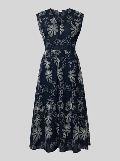Produktfoto, Midikleid mit Stitchings und Eingrifftaschen von Milano Italy, dunkelblauer Baumwoll-Mix, V-Ausschnitt, A-Linie, florales Muster