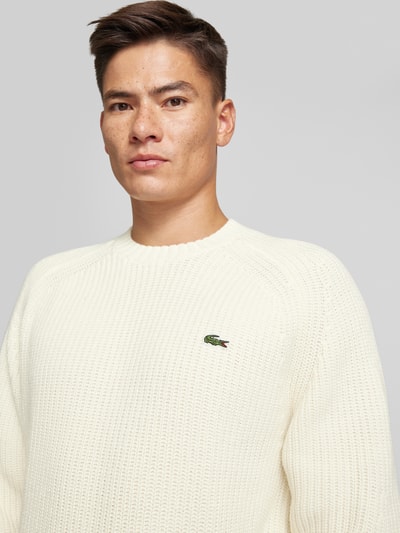 Lacoste Gebreide pullover van wol met logopatch, model 'BEADED' Offwhite - 3