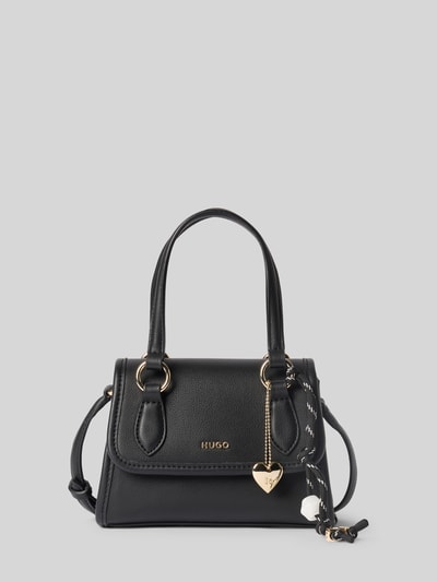 Produktfoto, schwarze Umhängetasche mit abnehmbarem Schulterriemen Modell 'Clioh_Top Handle' von HUGO für Damen, goldene Details, strukturierte Oberfläche
