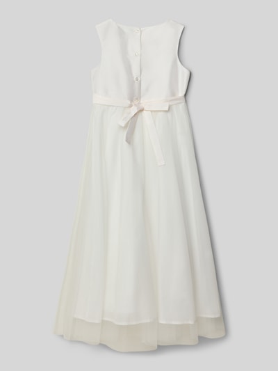 Mädchen trägt Regular Fit Kleid mit floralem Besatz von Une Hautre Couture, Baumwoll-Mix, Knopfleiste, Rückenlänge 104 cm, Ganzkörperansicht Rückansicht.