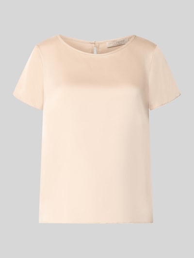 Produktfoto, Bluse aus Satin mit Rundhalsausschnitt von Rinascimento in Beige, glatte Oberfläche, kurzärmelig, Rückseitiger Knopfverschluss, Material-Mix mit Stretch-Anteil, gerade Passform, Rückenlänge 53 cm bei Größe S