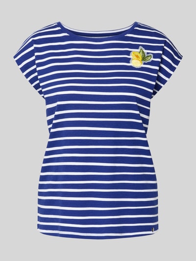 Produktfoto, damski t-shirt T-Shirt mit Motiv-Stitching und Rundhalsausschnitt von Marc Cain, mieszanka bawełny i elastanu, krój regular fit, wyhaftowany motyw, okrągły dekolt, długość tyłu w rozmiarze 36: 52 cm, białe i niebieskie paski, aplikacja cytryny, miękka struktura