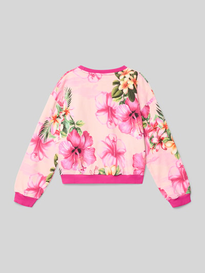 Produktfoto, Regular Fit Sweatshirt mit Logo-Print von Guess aus reiner Baumwolle, floraler Allover-Print in Rosa und Pink, elastische Abschlüsse