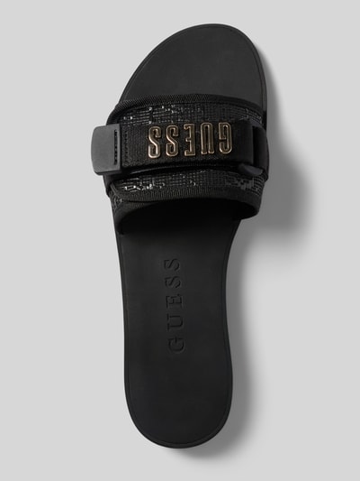 Produktfoto, czarne Sandalette mit Klettverschluss Modell 'ELYZE3' von Guess, zaokrąglony czubek, zakładana przez głowę, wysoki rzep, wysokość obcasa: 2 cm w rozmiarze 40