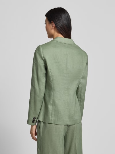Frauenmodel trägt Regular Fit Blazer aus reinem Leinen von s.Oliver BLACK LABEL, Optik: Unifarben, Ganzkörperansicht Rückansicht.