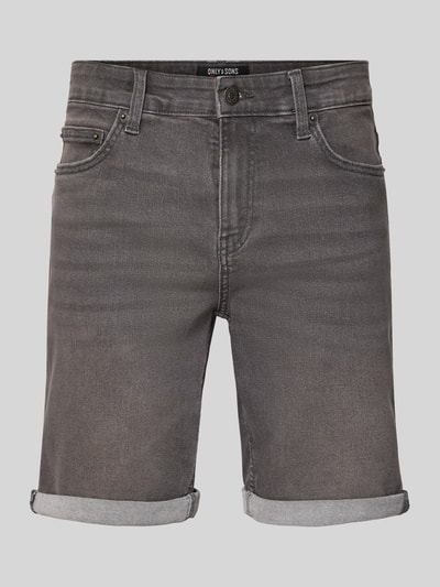 Produktfoto, Regular Fit Bermudas aus Baumwoll-Mix mit Viskose-Anteil Modell 'PLY' von Only & Sons, graue Denim-Optik, Twill-Qualität, Label-Patch, Gürtelschlaufen, Knopf und verdeckter Reißverschluss, 5-Pocket-Design
