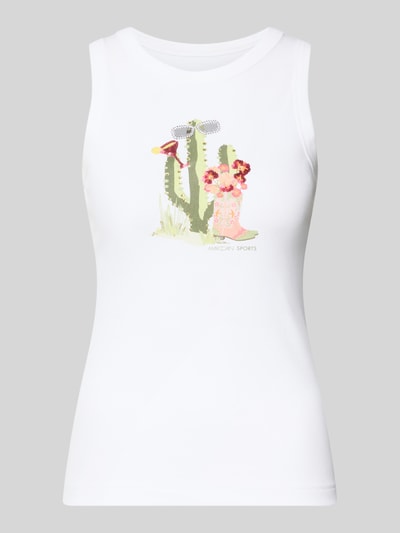 Produktfoto, Tanktop mit Motiv-Print und Ziersteinbesatz von Marc Cain aus Baumwoll-Elasthan-Mix, Slim-Fit, Rundhalsausschnitt, Rückenlänge 55 cm bei Größe 36, weiß mit Kaktus-Motiv und glatter Textur.