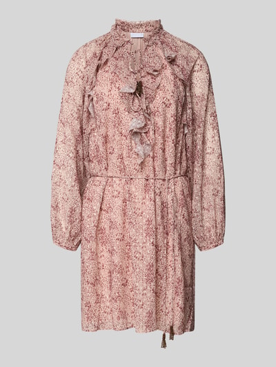 Produktfoto, Knielanges Kleid mit Raglanärmeln von Jake*s Collection in Rosa mit Stehkragen, Volants, Bindegürtel und geradem Schnitt.